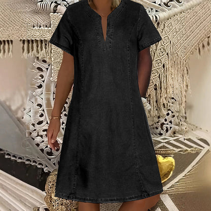 👗Robe en Denim pour Femmes – Col en V, Manches Courtes, Coupe Décontractée, Multi Tailles