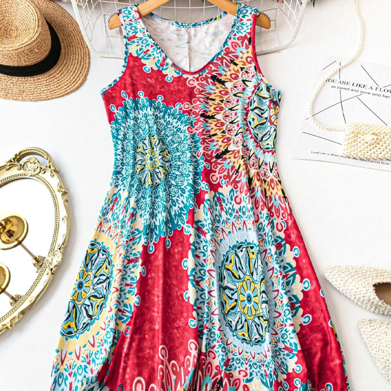 💐 PROMO EXCEPTIONNELLE -50% ! Robe Imprimée Sans Manches – Tissu Coton Léger, Tombé Fluide 🌺💨 【Offre Limitée】