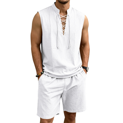 👕☀️ PROMO FLASH 50% ! Ensemble Homme en Lin – Haut sans Manches Lacé & Short, Tissu Respirant Naturel, 7 Couleurs, Style Bohème Chic & Vacances ✨