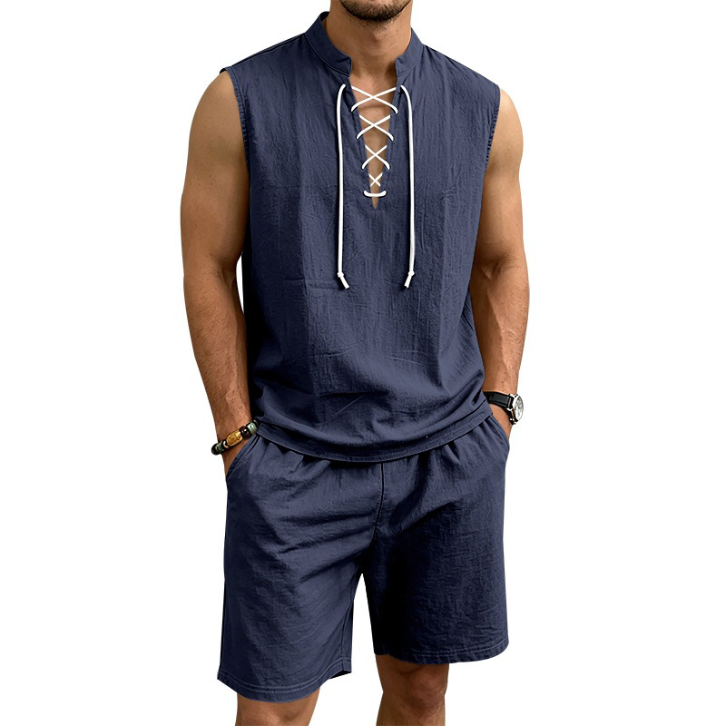 👕☀️ PROMO FLASH 50% ! Ensemble Homme en Lin – Haut sans Manches Lacé & Short, Tissu Respirant Naturel, 7 Couleurs, Style Bohème Chic & Vacances ✨