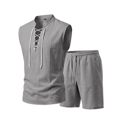 👕☀️ PROMO FLASH 50% ! Ensemble Homme en Lin – Haut sans Manches Lacé & Short, Tissu Respirant Naturel, 7 Couleurs, Style Bohème Chic & Vacances ✨