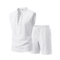 👕☀️ PROMO FLASH 50% ! Ensemble Homme en Lin – Haut sans Manches Lacé & Short, Tissu Respirant Naturel, 7 Couleurs, Style Bohème Chic & Vacances ✨