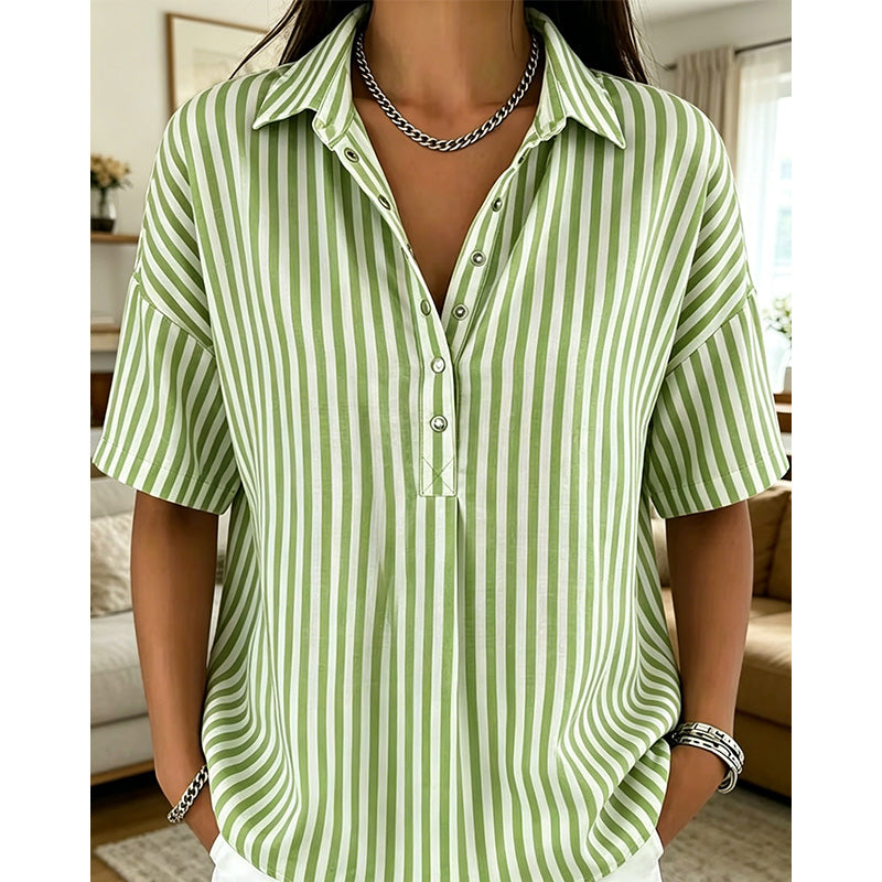👕✨ PROMO LIMITÉE 50% DE RÉDUCTION ! Chemise Femme à Manches Courtes Rayées – Coupe Décontractée, Col en V, 9 Couleurs, Taille S-3XL, Polyvalente & Facile d'Entretien 🌸
