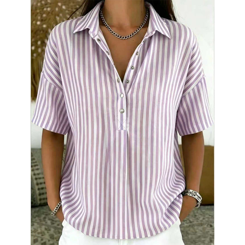 👕✨ PROMO LIMITÉE 50% DE RÉDUCTION ! Chemise Femme à Manches Courtes Rayées – Coupe Décontractée, Col en V, 9 Couleurs, Taille S-3XL, Polyvalente & Facile d'Entretien 🌸