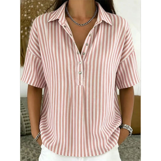 👕✨ PROMO LIMITÉE 50% DE RÉDUCTION ! Chemise Femme à Manches Courtes Rayées – Coupe Décontractée, Col en V, 9 Couleurs, Taille S-3XL, Polyvalente & Facile d'Entretien 🌸