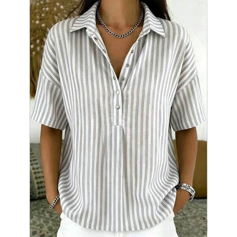 👕✨ PROMO LIMITÉE 50% DE RÉDUCTION ! Chemise Femme à Manches Courtes Rayées – Coupe Décontractée, Col en V, 9 Couleurs, Taille S-3XL, Polyvalente & Facile d'Entretien 🌸