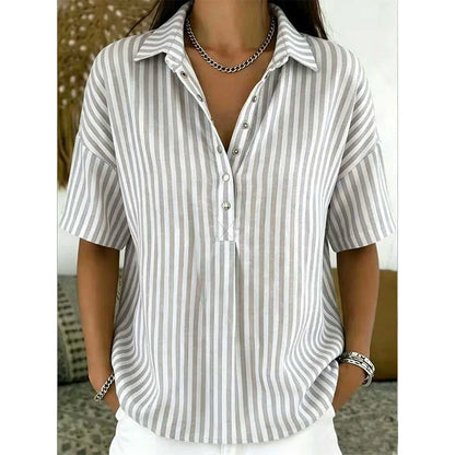 👕✨ PROMO LIMITÉE 50% DE RÉDUCTION ! Chemise Femme à Manches Courtes Rayées – Coupe Décontractée, Col en V, 9 Couleurs, Taille S-3XL, Polyvalente & Facile d'Entretien 🌸