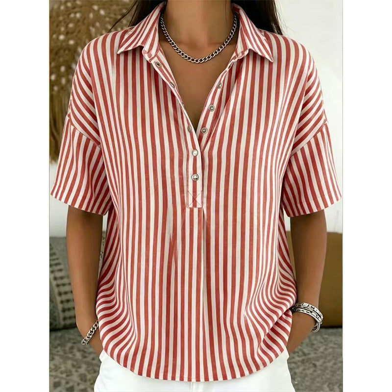 👕✨ PROMO LIMITÉE 50% DE RÉDUCTION ! Chemise Femme à Manches Courtes Rayées – Coupe Décontractée, Col en V, 9 Couleurs, Taille S-3XL, Polyvalente & Facile d'Entretien 🌸