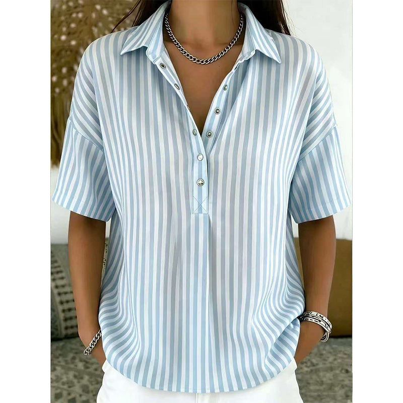 👕✨ PROMO LIMITÉE 50% DE RÉDUCTION ! Chemise Femme à Manches Courtes Rayées – Coupe Décontractée, Col en V, 9 Couleurs, Taille S-3XL, Polyvalente & Facile d'Entretien 🌸