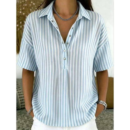 👕✨ PROMO LIMITÉE 50% DE RÉDUCTION ! Chemise Femme à Manches Courtes Rayées – Coupe Décontractée, Col en V, 9 Couleurs, Taille S-3XL, Polyvalente & Facile d'Entretien 🌸