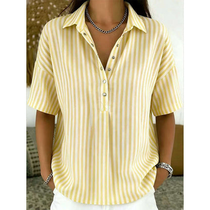 👕✨ PROMO LIMITÉE 50% DE RÉDUCTION ! Chemise Femme à Manches Courtes Rayées – Coupe Décontractée, Col en V, 9 Couleurs, Taille S-3XL, Polyvalente & Facile d'Entretien 🌸