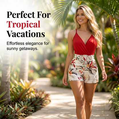 🏝️ PROMO EXCLUSIVE 57% ! 💃 Set Vacances Femme – Haut Bretelles Croisées & Shorty Taille Haute, Imprimé Floral Tropical 🌴