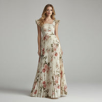 🌸 PROMO LIMITÉE 50% DE RÉDUCTION ! ✨ Robe Longue Plissée Imprimé Floral – Col Carré, Manches Volantées, Vintage 👒